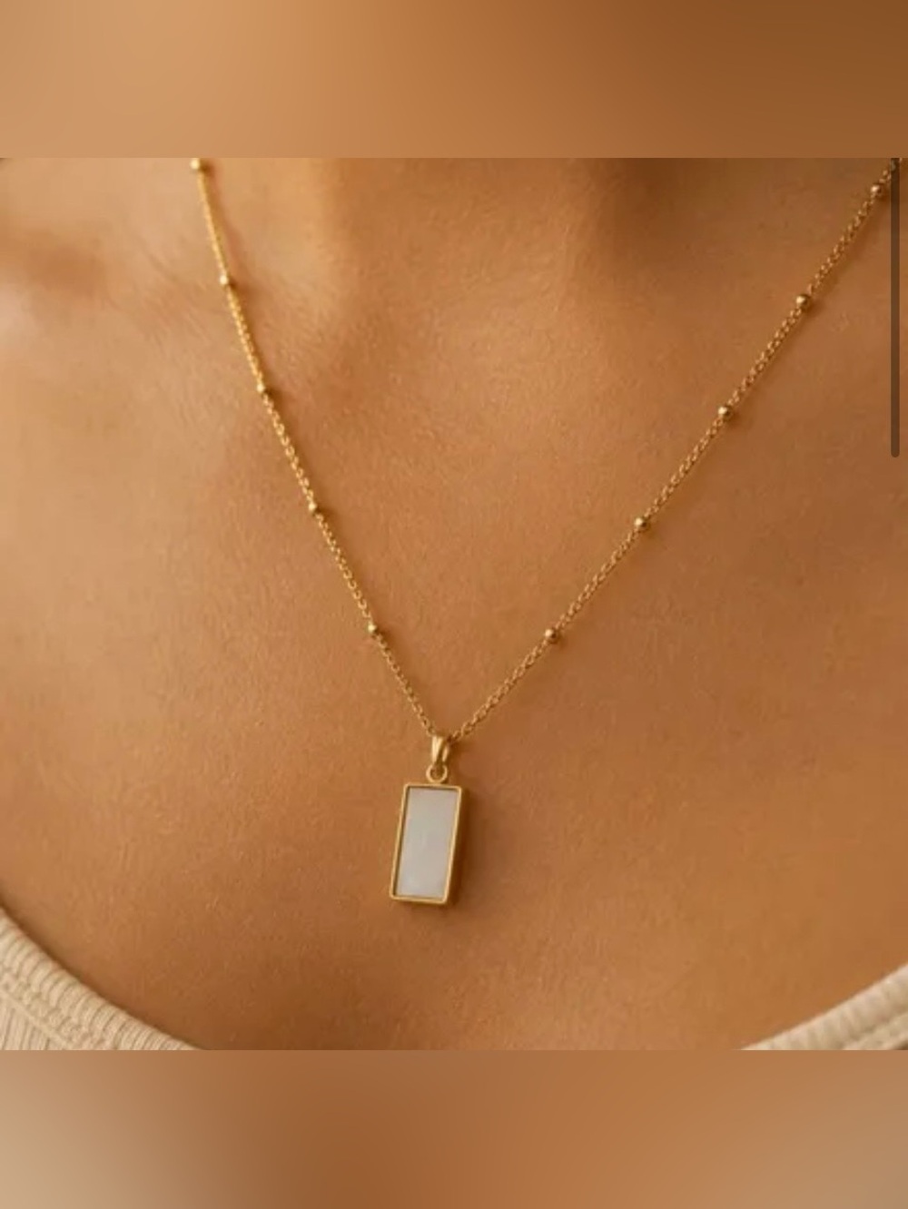 Gold Beaded Chain Necklace with White Mother-of-Pearl Rectangular Pendant
